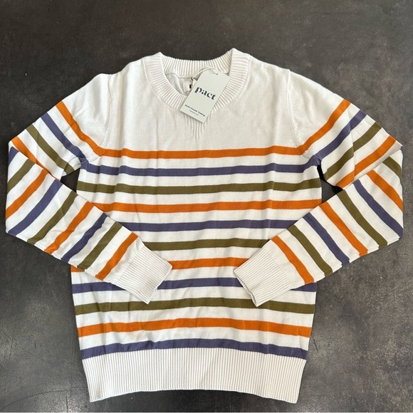 NWT Pact 100% Organic Cotton Classic Fine Knit Crew Neck Stripe Pullover Sweater - Picture 1 of 11